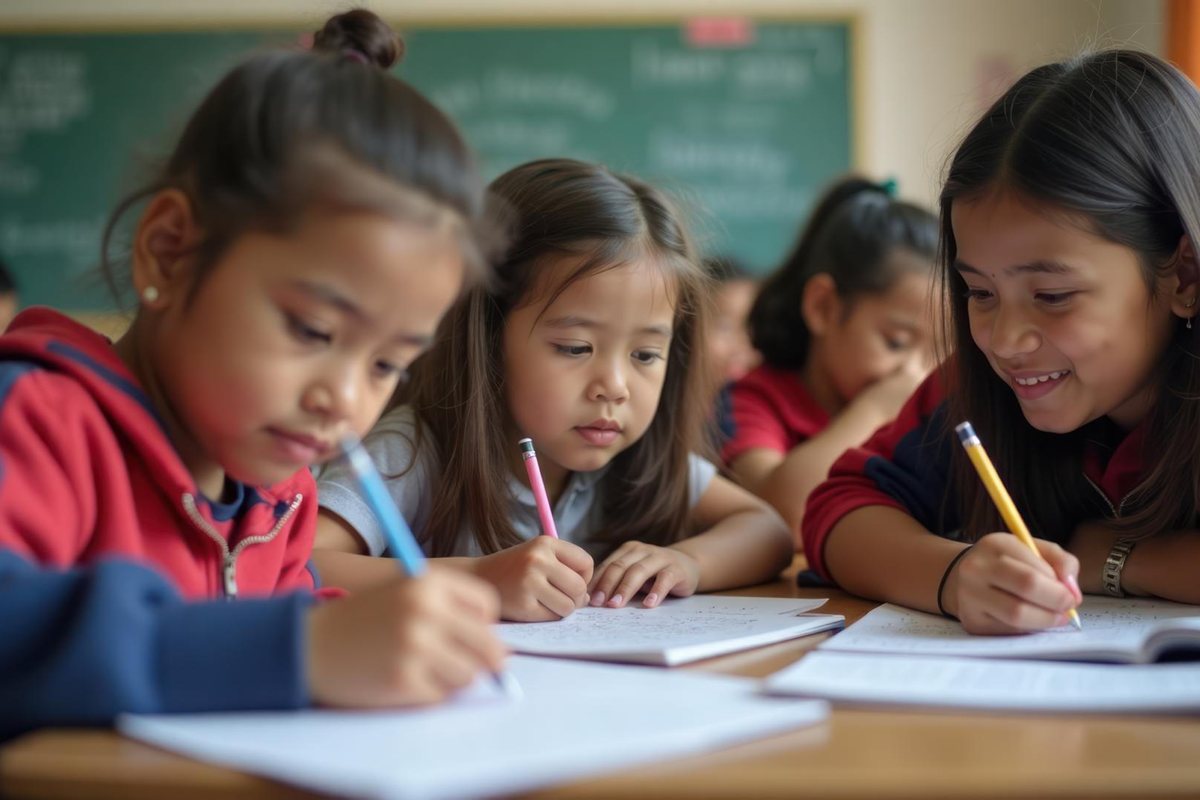 Students writing in their notebooks side by side at a shared desk